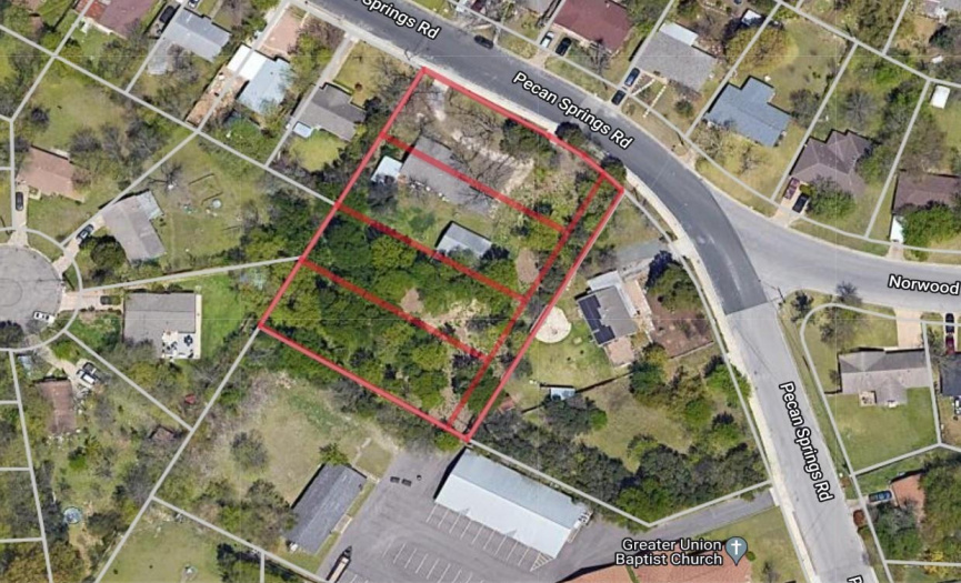 4 lots each about 60'x165' with shared driveway to access each lot - Aerial view with boundary - 2923 Pecan Springs Rd., Austin, TX 78723 - lot markings are for illustrative purposes and are not exact