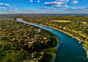 Aerial view of the majestic panoramic hill country and the meandering Pedernales River as it winds its way to join Lake Travis.  (River water fluctuates.)
