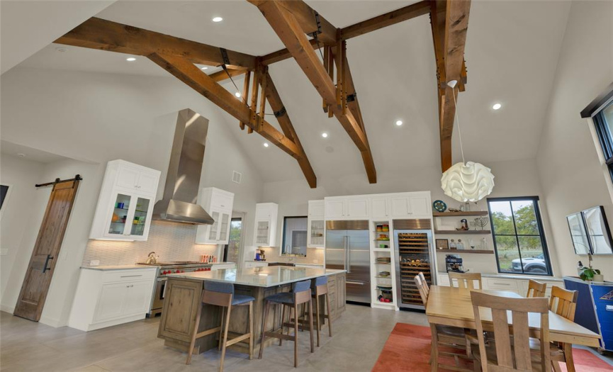 Vaulted beams over kitchen,