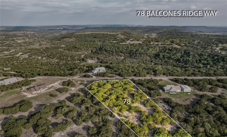Approximate Dimensions of Lot 78 - Balcones Ridge Way frontage - 239'; Chaney's Crossing frontage - 99'; Left Property Line - 763'; Back Property Line - 146'; Right Property Line - 827'