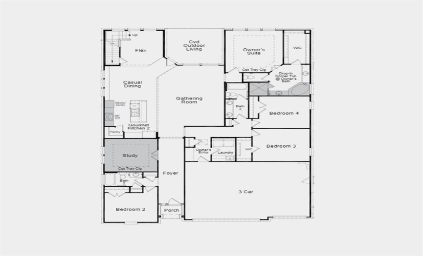 Structural options added include: Gourmet kitchen, drop-in corner tub at owner's bath, study in place of dining, covered balcony with bed 5 and bath 4, and 8’ door at entry.