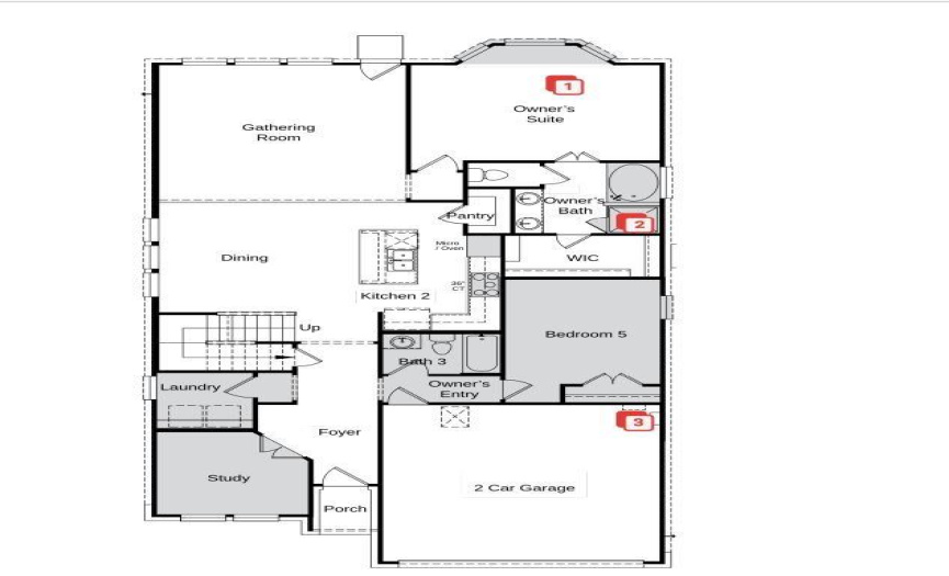 Structural options added include: Covered outdoor living 1, 8' door at entry, gourmet kitchen 2, horizontal railing at stairs, bay window at owner’s suite, slide in tub and mud-set shower at owner’s bath, study in place of flex, bedroom 5 with bath 3 in place of tandem, and pre-plumb for future water softener.