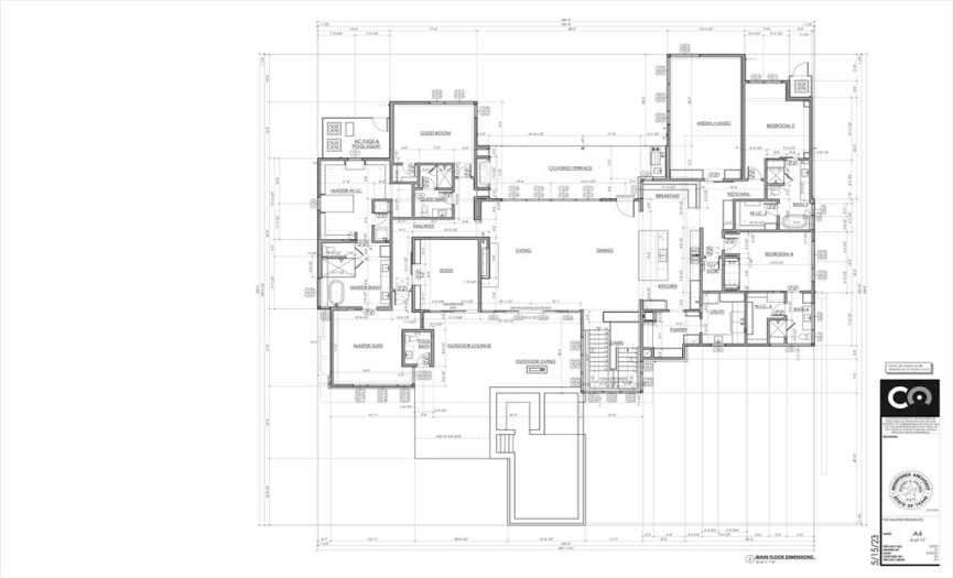 Building Plan depicting 4500+ sf of dwelling including additional outdoor covered living areas and pool and spa.