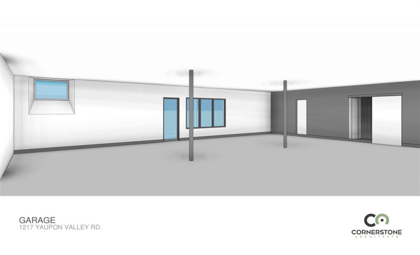 Garage Level Rendering depicting glass doors and windows walking out toward front patio, and a window looking into the water of the pool.