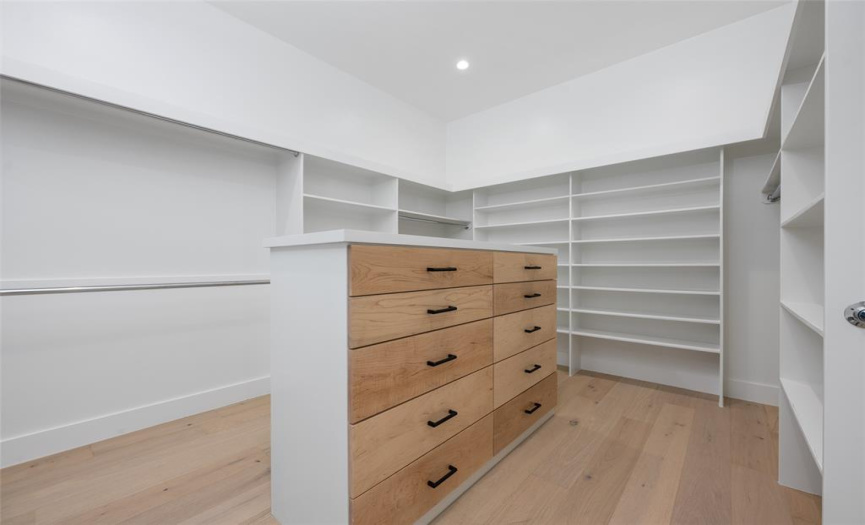 Cavernous primary closet includes single & double hanging, plenty of shelves, and a built-in dresser with maple-front drawers.  What more could anyone want in a closet?