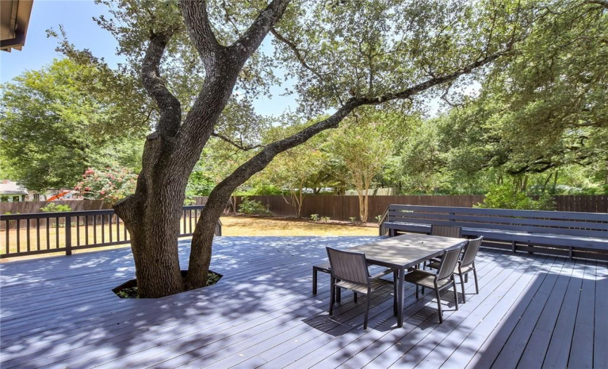 Freshly painted & spacious deck with additional built-in seating and a shady tree as a center focal point. 