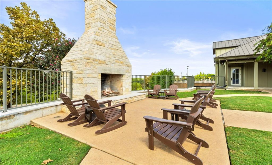 Gather with friends around the outdoor fireplace on a crisp fall evening.