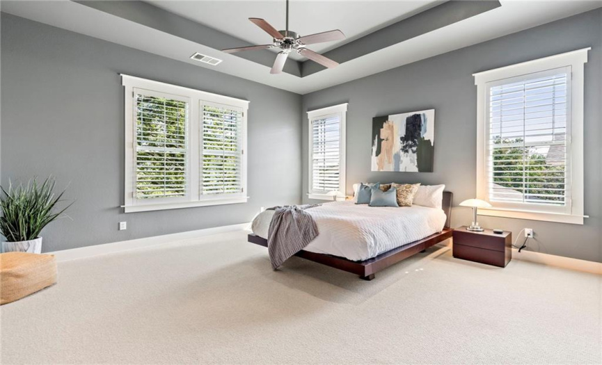 The primary suite is located on the main floor with plush carpet flooring, a tray ceiling with a ceiling fan, large windows with elegant plantation shutters, and a fabulous walk-in closet.