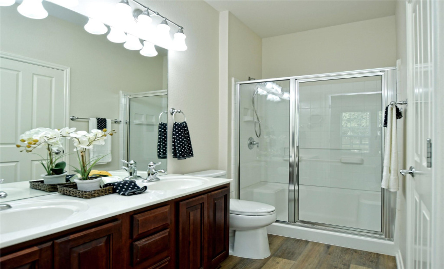 Main bath with dual vanity, standup shower and generously sized walk-in closet.