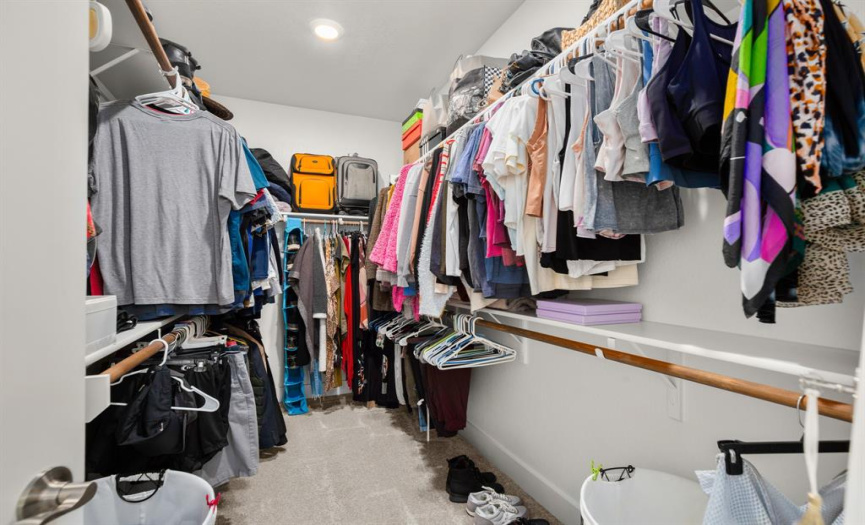 The primary bedroom's walk-in closet provides ample storage space and organization solutions.
