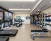 Located on the 10th floor, the fitness center features yoga and Peloton bike studios