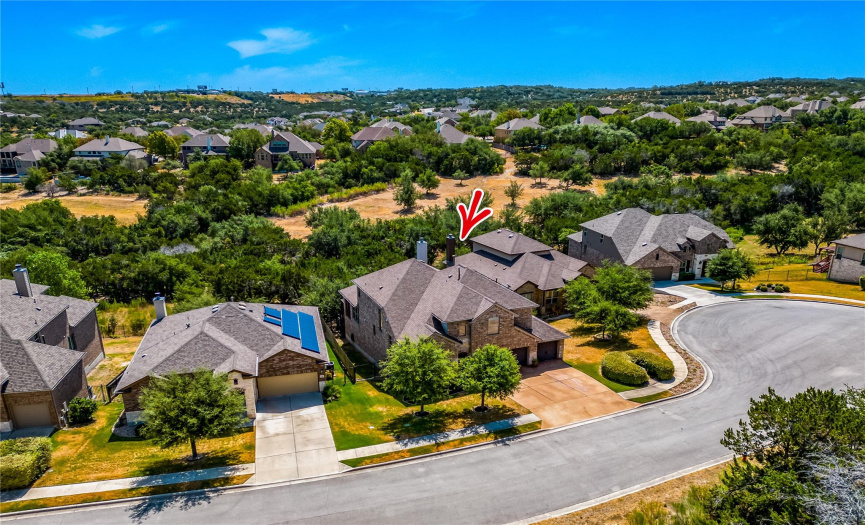 Located at end of quiet cul de sac.  Hill country views.  No homes across the street as it is designated green space.