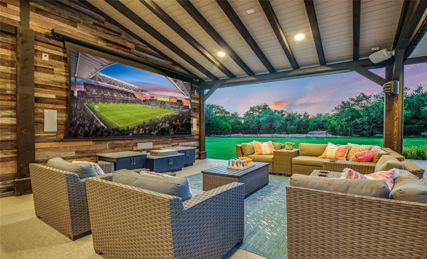 The outdoor home theatre features a 150” screen and 7.2 surround sound, dedicated pool speakers and distributed audio.