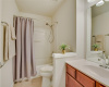Guest bath easily accessible from living area as well as guest bedroom.