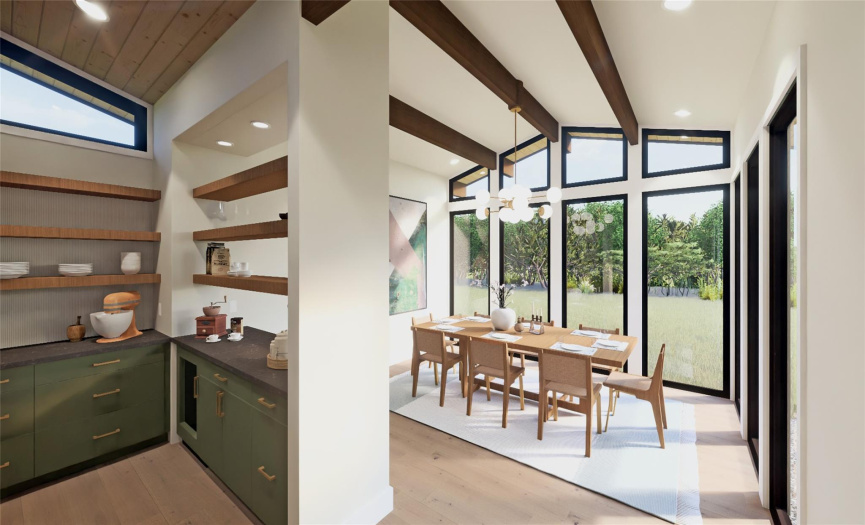 Situated at the back of the home, the dining room allows for expansive views into the central garden and rear of the property where wildlife regularly graze; which is sure to provide a bit of extra entertainment for family dinners.