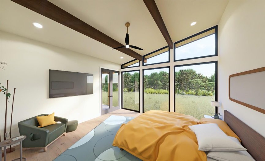 The home’s primary bedroom is complete with an en-suite spa style bathroom and a large walk-in closet. The primary bedroom features a wall of windows facing the natural tree-line towards the rear of the property and offers private access to the sitting porch and central garden.