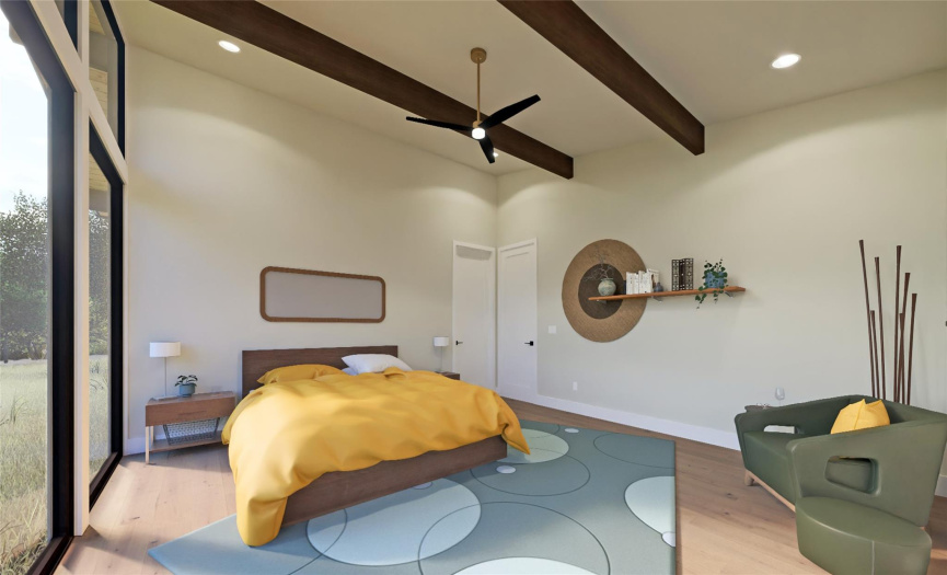 The primary suite features the home’s stylistic timber beams and vaulted ceilings, while offering ample space to accommodate large bedroom furniture and reading nook.
