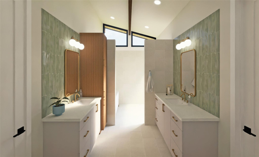 The primary bathroom consists of double vanities, private water closet, and a large adjoining washroom.