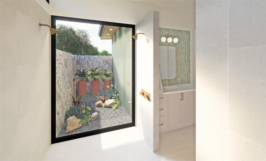 The washroom features a six-foot wide picture window looking into the primary suite’s private garden that is screened by a limestone landscaping wall. This seamless connection to the home’s natural exterior beauty offers a truly unique experience that is rare to find outside of a luxury resort setting.