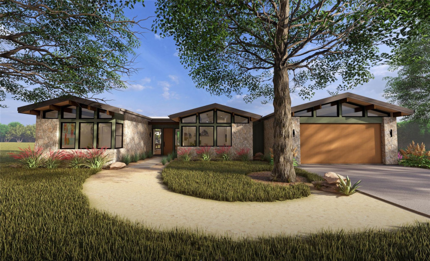 Represented here, this home is set to feature beautiful native/drought-tolerant landscaping around the residence paired with the existing mature Live Oak trees and native grasses found on the property to create a seamless experience between the natural landscape and home.