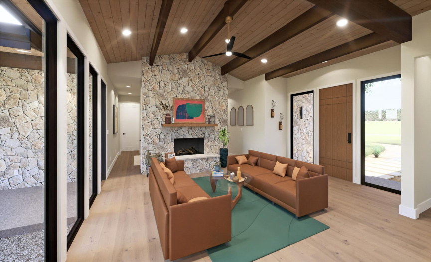 Upon entry into the home, the vaulted ceilings, timber beams, and expansive windows are noticed; creating a sense of rhythm and continuity that carries residents and guests throughout the home. 