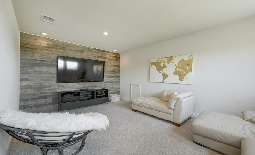 Dedicated media or game room features a sleek accent wall