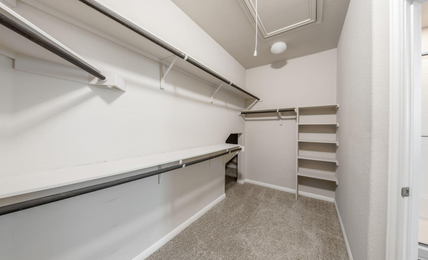 Walk in primary closet with extra under stairs storage 