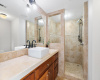 The primary bathroom features custom cabinets, concrete counters and a large shower.