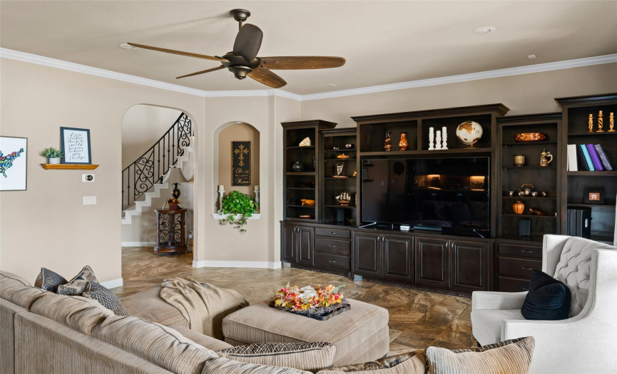 Custom built-ins in the living area leave plenty of room for a large TV and your decor.