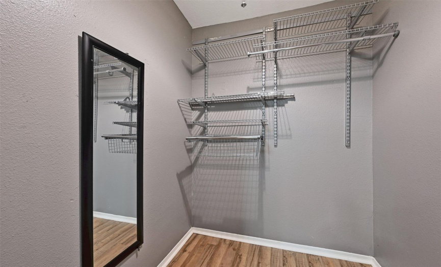 The walk-in closet houses an organization system.