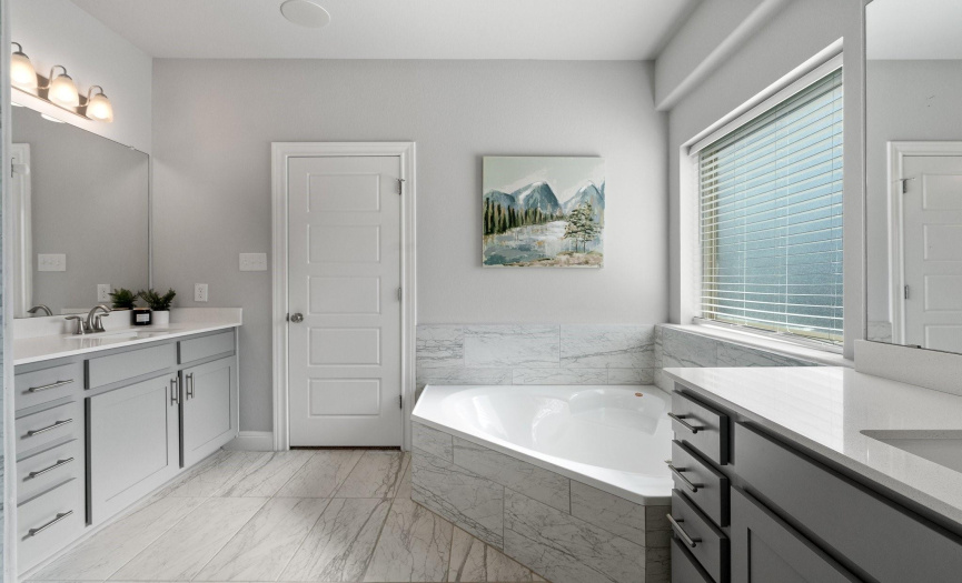 The luxurious en-suite bath is a spa-like retreat, featuring separate vanities, a walk-in shower, and a soaking tub.