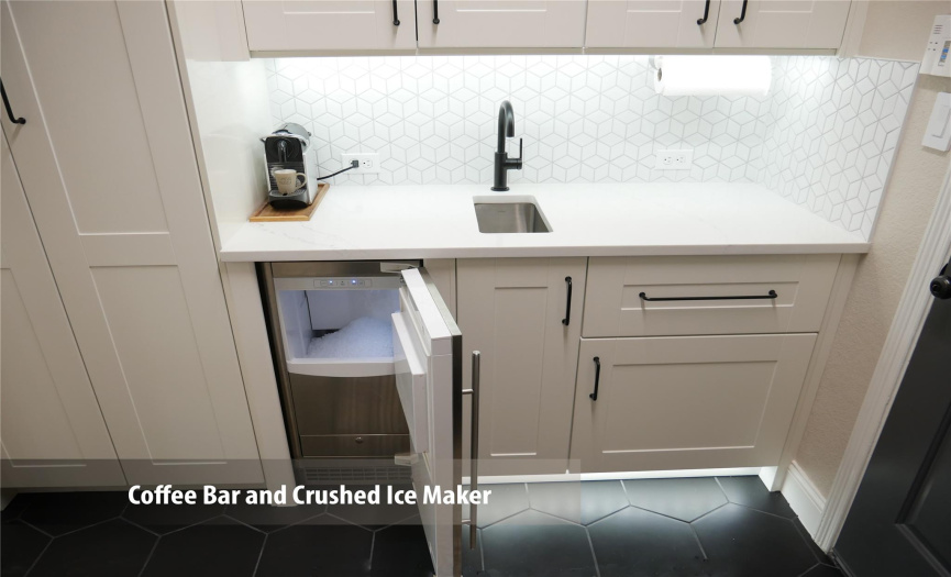 Custom designed Coffee Bar Retreat with crushed ice maker.