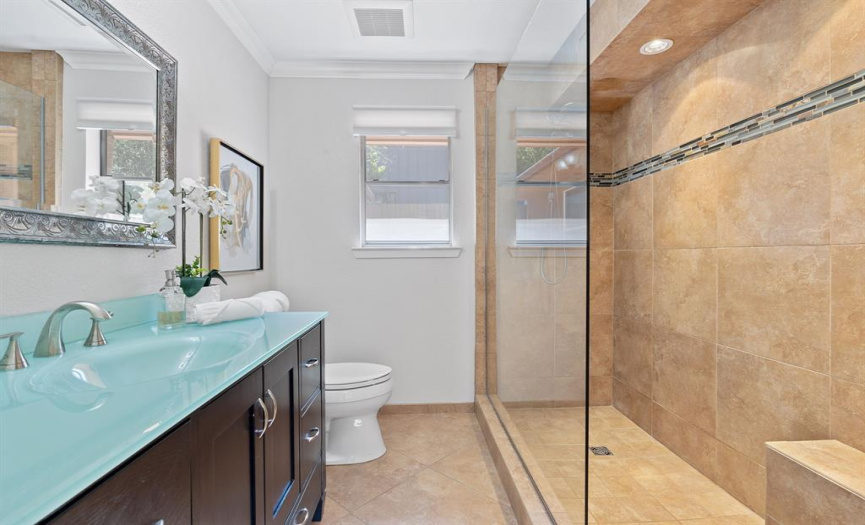 Primary bathroom features a walk-in shower. 