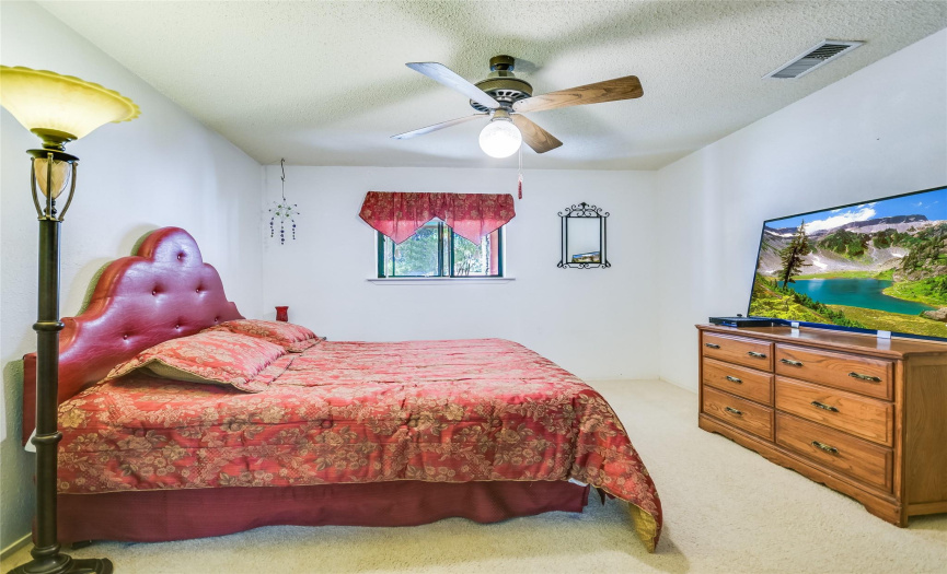 Primary bedroom features a ceiling fan, and plush carpeting.