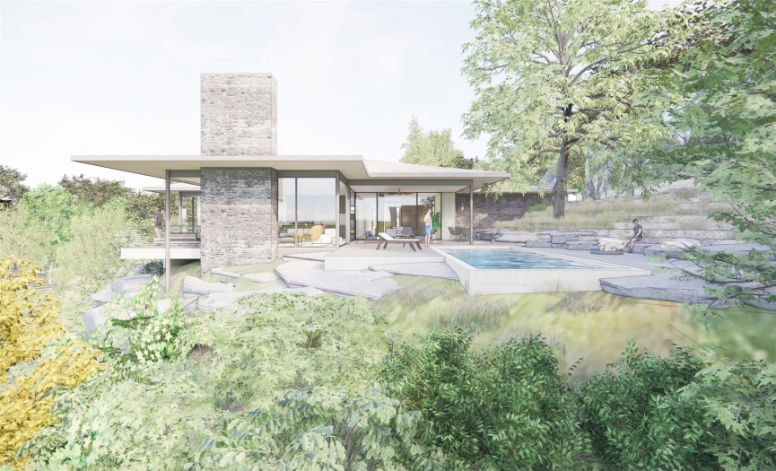 Architectural rendering with pool overlooking bluff and Barton Creek