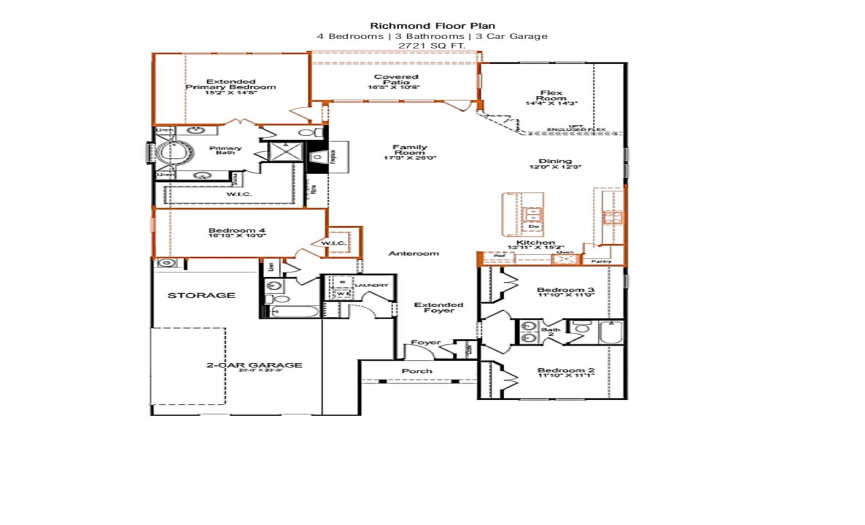 Empire Richmond Floor Plan.  The owner extended the primary bedroom, back patio, and guest bedroom 4. 