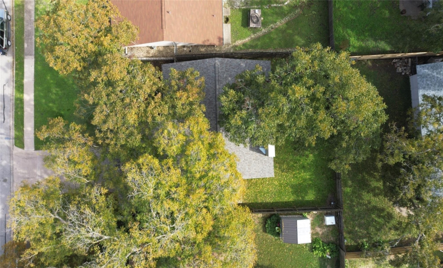 Bird's Eye View a Reminder of the New Roof Shingles Install in November 2023 and Towering Shade Trees. 