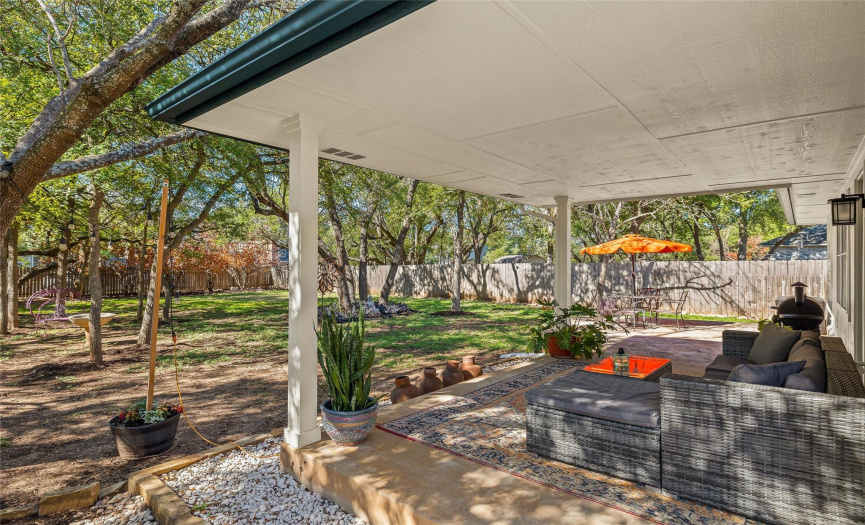 The covered porch provides an oasis from the weather while enjoying the solitude of the outdoors.