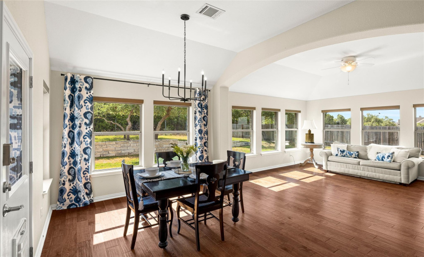 The breakfast area leads right to the light and bright sunroom 