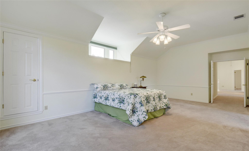Double entry doors on large carpeted primary bedroom, ceiling fan, large picture window set high for additional light and night sky ambiance.