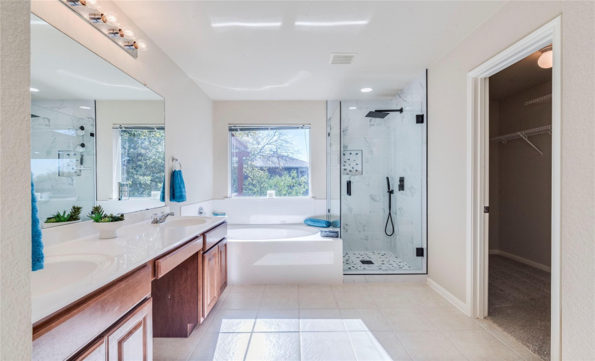 Huge primary bath with large walk-in closet. Gorgeous new shower - Sept. 2023!