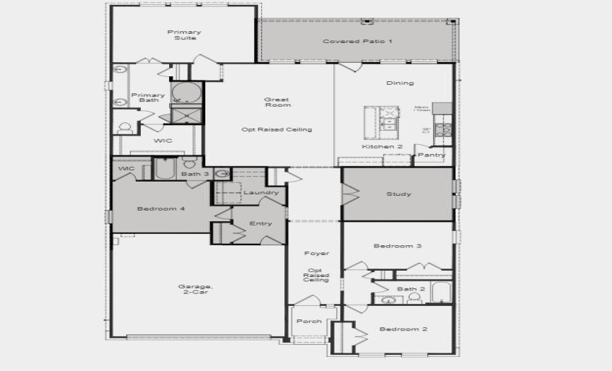 Structural options added include: Study in place of dining, bed 4 with bath 3 in place of tandem garage, pop up ceiling in gathering room, raised ceiling in foyer, and covered outdoor living 1.