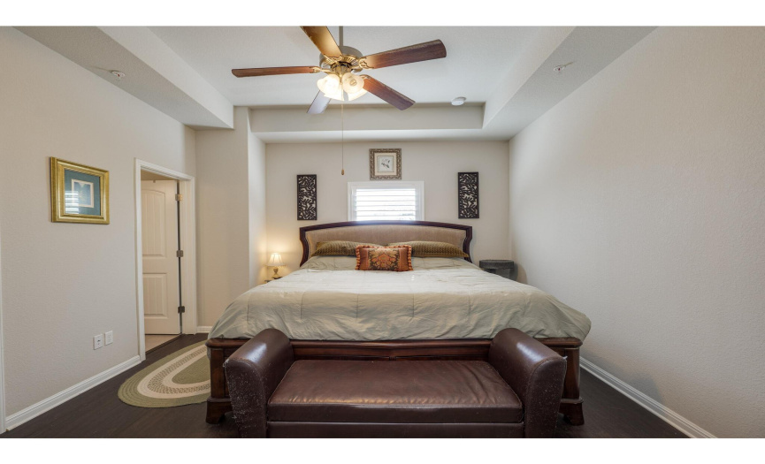 The primary bedroom exudes sophistication with a tray ceiling.
