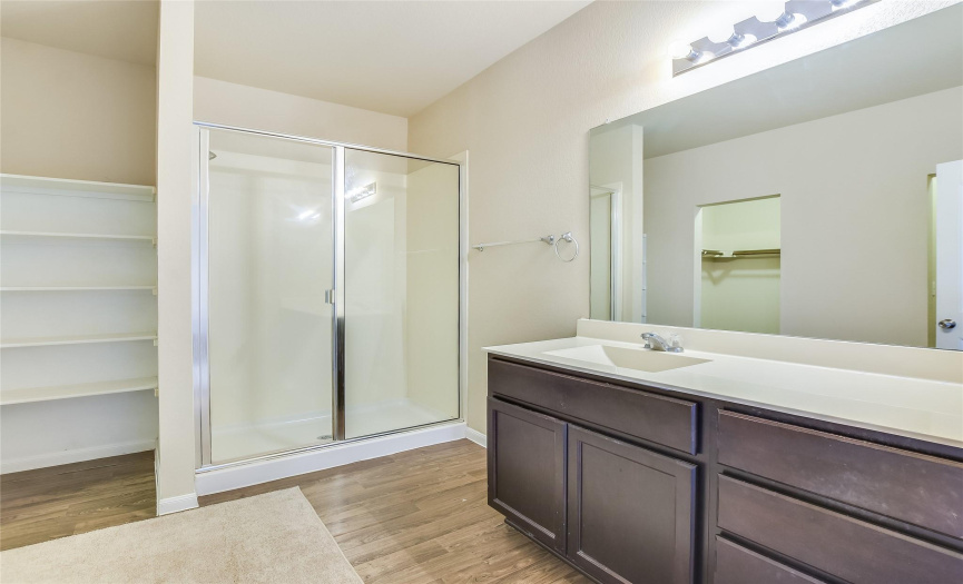 Primary Bathroom with walk-in shower and large walk-in closet.