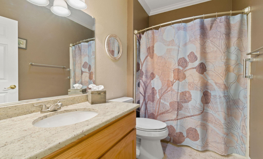 Secondary bathroom - previous owner installed a solatube for extra, natural lighting!