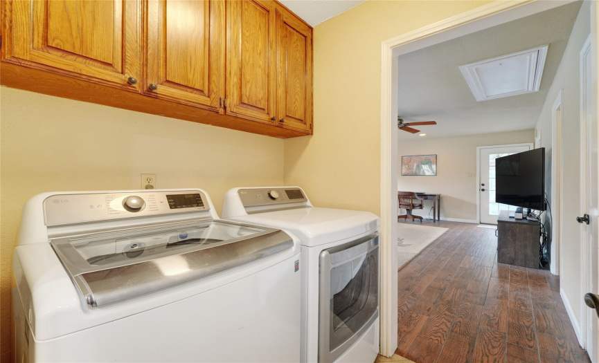 Laundry room with nice storage cabinets off the kitchen for convenience but also has doors to be able to close off the room.