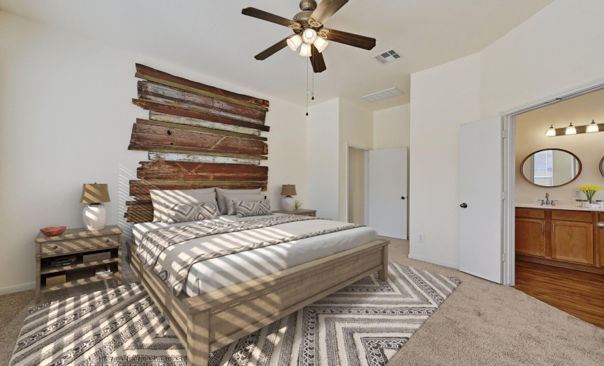 This spacious primary suite provides plenty of space for your king sized bed, furniture, and more and comes complete with a stylish custom built headboard.