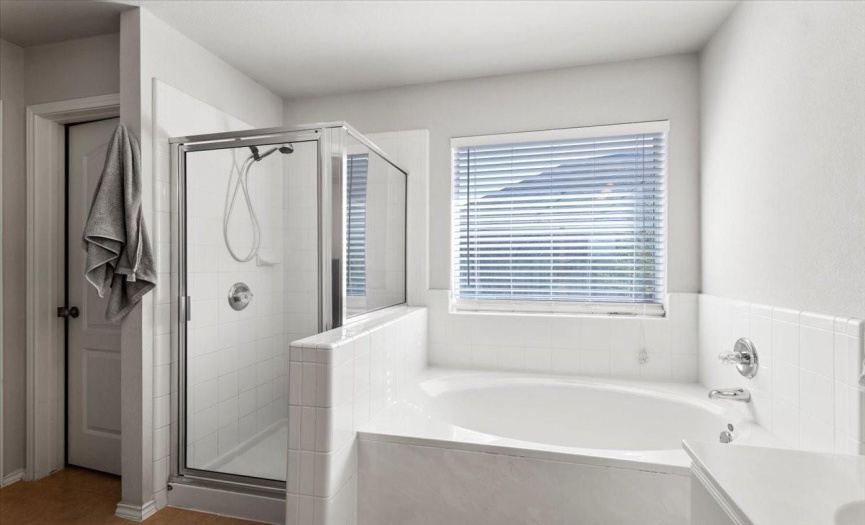 Walk-in shower, separate bath tub, and toilet closet