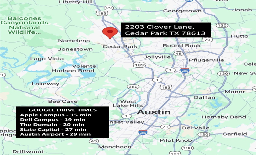 Just 5 miles North of Austin's city limits, this home's location gives you many options to reach Austin's main centers and attractions in just a few minutes.