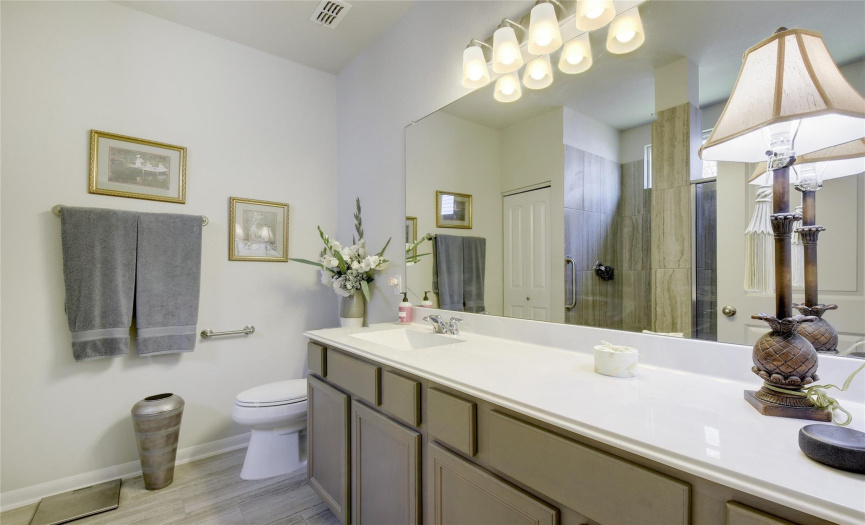 Primary bath with walk in shower, the latest trend in bathroom designs, large counter top with plenty of cabinets below.
